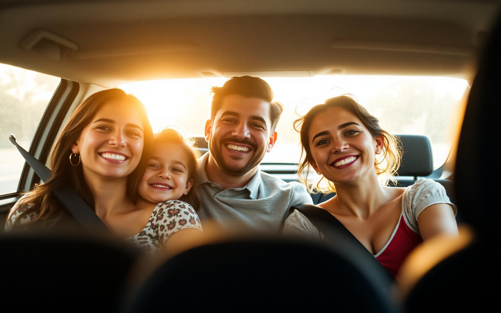Familia sonriendo dentro de su auto